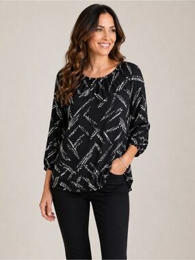 Chico’s Black White Abstract Print Blouson Top Size 2 L 3/4 Sleeve Elastic Hem